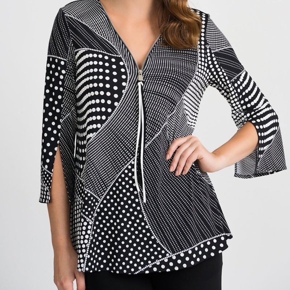 Joseph Ribkoff Size 10 Front Zip Black White Tunic Split 3/4 Sleeve MSRP $178 - Picture 1 of 16